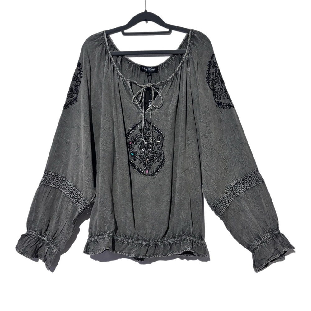 Chic Gray Embroidered Boho Blouse - Picture 2 of 8